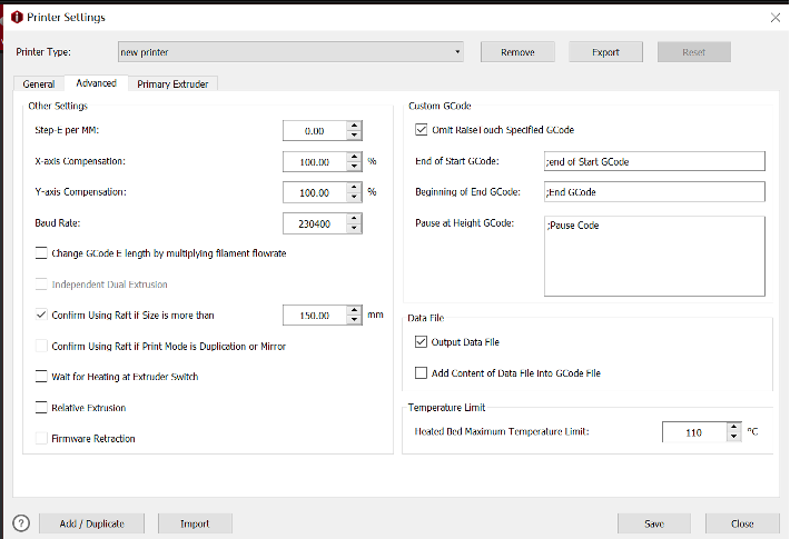 Advanced settings interface