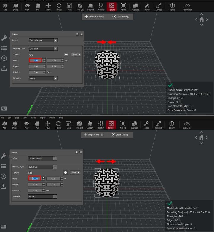 Positive value: Textures will move closer to the axis; Negative value: Textures will move away from the axis