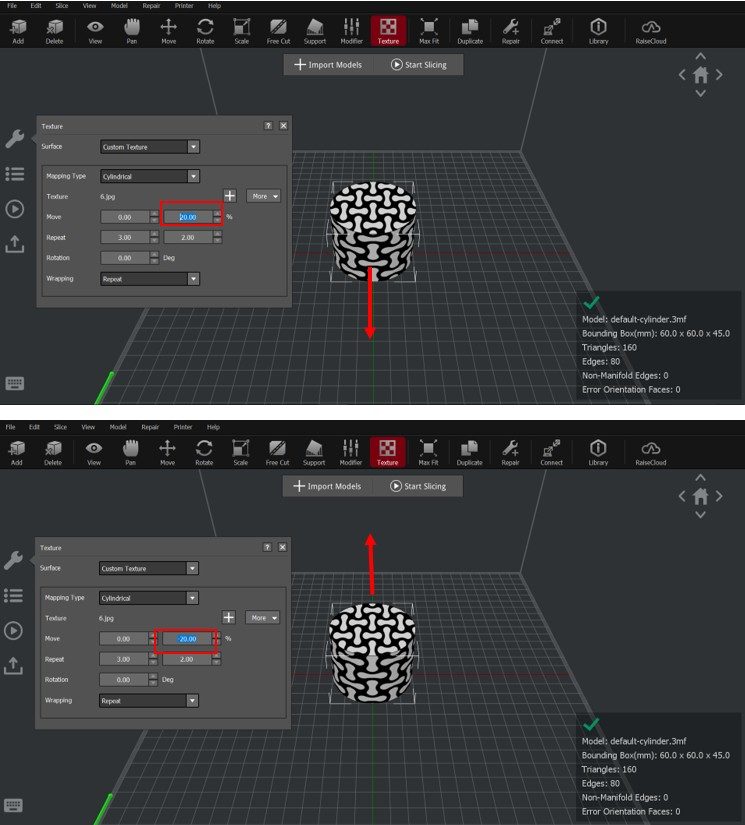 Positive value: Texture moves downwards; Negative value: Texture moves upwards